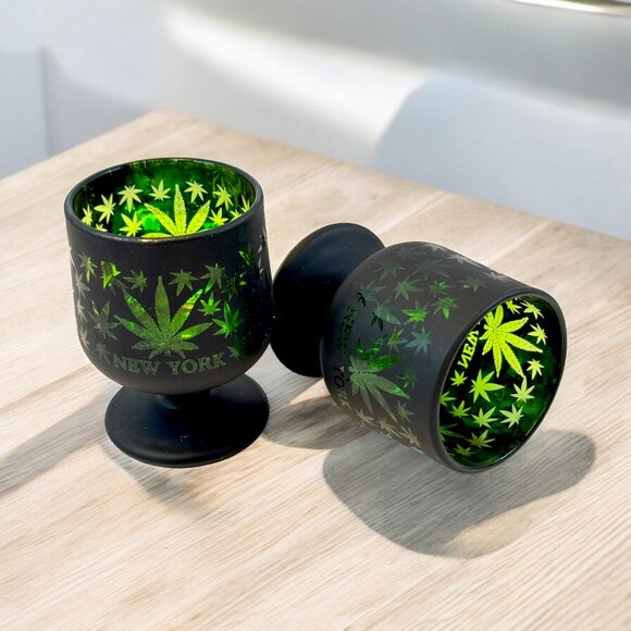 New York Bar Shot Glasses Black and Green Glass Cannabis Theme Souvenir - Picture 2 of 5